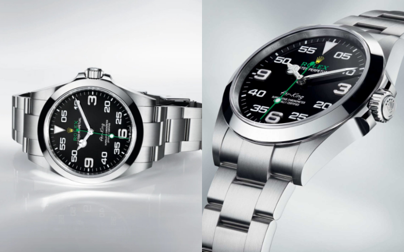 另外，新款 Air-King 配備優化 Chromalight 夜光顯示，確保在黑暗環境中清晰易讀。指針、數字 3、6、9 及 12 點鐘位置的三角形鐘點標記均塗有或填充新型夜光物料，能持續發出強光，